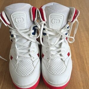 Gucci White High-Top Kids Sneakers with Red & Blue Accents
